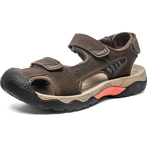 Genuine Leather Mens Sandals Summer Fashion Outdoor Big Size Breathable Rubber Platform Trekking Sport Sandals Daily Beach Shoes