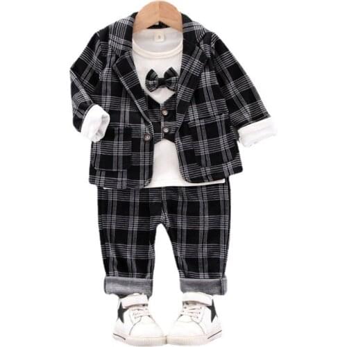 Spring Autumn Fashion Baby Boys Clothes Children Casual Plaid Coat T-Shirt Pants 3Pcs/sets Toddler Clothing Kids Gentleman Suit
