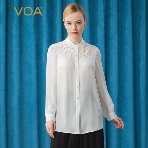 VOA 100% Silk White Blouse Jacquard Single-breasted Asymmetric Tops Long-sleeved Shirt BE376 Camisas De Mujer Elegantes