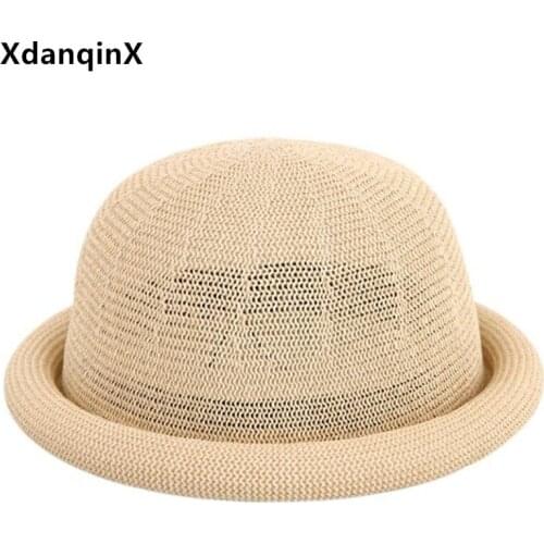 XdanqinX New Summer Womens Panama Hat Mesh Breathable Fedoras Elegant Beach Hats Straw Yarn Curling Fashion Cool Hat Multicolor