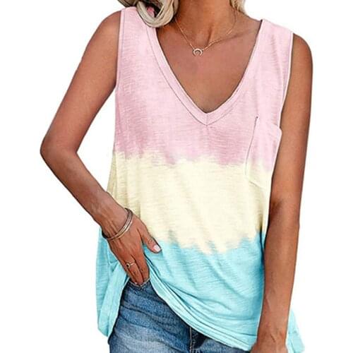 2021 T-shirt Gradient Patchwork Women Sexy Tops Tshirts Sleeveless Shirt Top Fashion V-neck Tank Short Clothes Drop Shipping