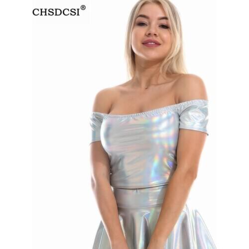 CHSDCSI Women Tanks Fashion Summer Off Shoulder Tops Sexy Short Sleeve Camisole Ladies Party Dancing Shiny Tees Club Silver Tees