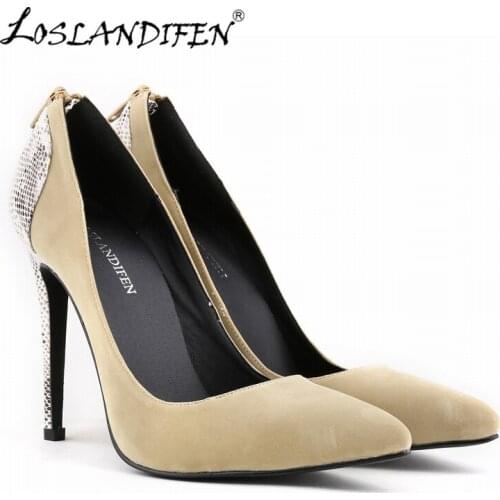 LOSLANDIFEN Women Sexy High Heels Shoes Velvet Snake Pattern Pointed Toe Zipper Female Pumps Woman Wedding Big Size 42