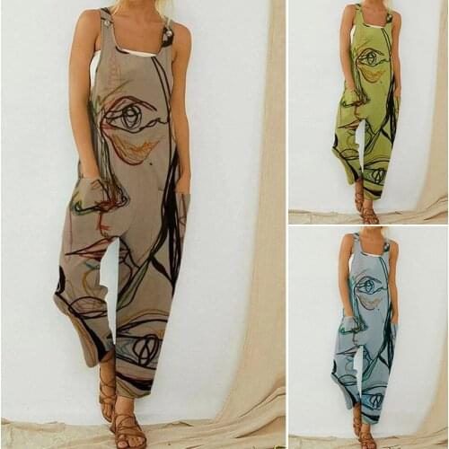 Retro Abstract Pattern Printed Jumpsuit Women Sleeveless Strappy Bodysuit Romper 2021 Spring Summer Casual Pocket Loose Playsuit