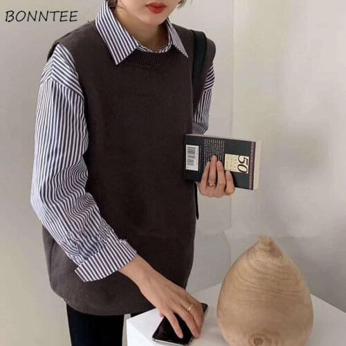 Women Sets Student Soft Striped Simple Turn-down Collar Blouses Sleeveless Solid O-Neck Knitted Sweater Vest Ulzzang Chic Autumn