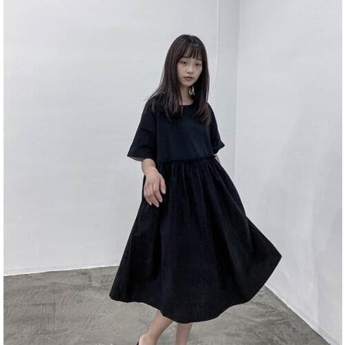 Large dark wind pleated short sleeve dress womens 2021 summer new loose and versatile medium and long A-line skirt fashion