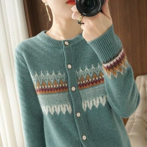 100% Wool Cardigan Women Coat Autumn O-Neck Collar Warm Jacket Long Sleeve Soft Cashmere Sweater Female Color Matching Outwear