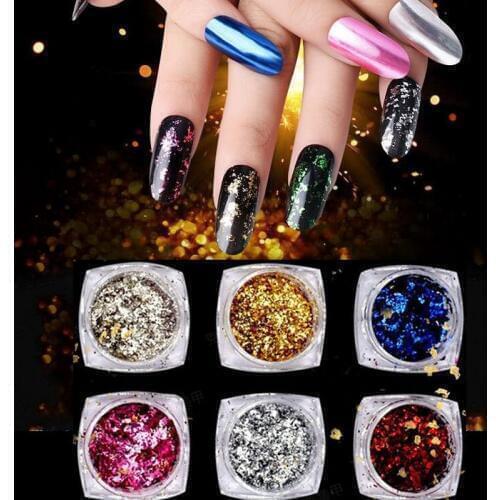 6 Jars/Set Nail Glitter Aluminum Flakes Mirror Effect Nail Sequins Irregular Flakes Gel Polish Chrome Pigment Mirror Flakes PT31