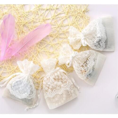 White Drawstring Lace Mesh Bags Wedding Party Biscuit Candy Chocolate Jewelry Gifts Packaging Pouches 10x14cm