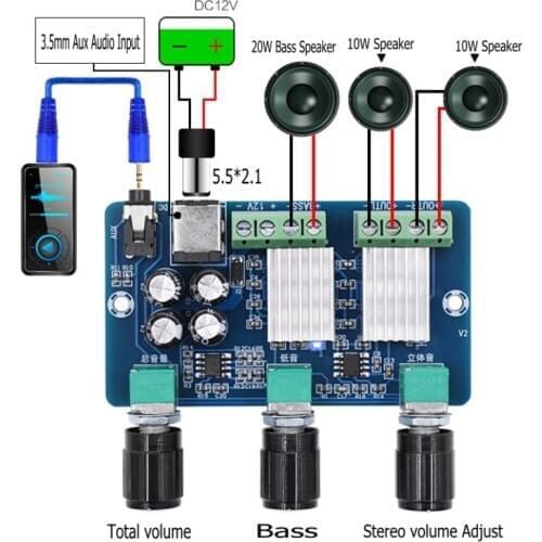 DC 12V 20W+10W+10W Yamaha 2.1 channel Stereo Audio Digital power amplifier board Bass subwoofer AMP XH-A355 aplificador audio