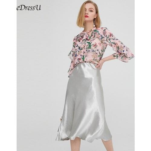 EDressU Elegant Midi Skirt Silver Gold Satin A-Line Office Lady Skirt Mid-Long Vintage Bottom Daily High Street Wear LS-617