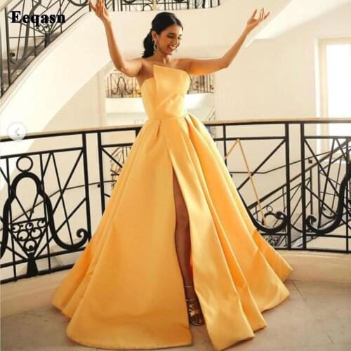 Eeqasn Simple Yellow Satin Evening Party Gowns With Side Slit Scalloped Pleats Adjustable Corset Women Formal Long Prom Dresses