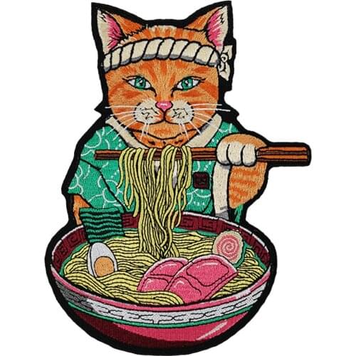 Eating Noodles Cat Embroidered Patches Animal Japanese Food Badge High Quality Wholesale Clothing Iron on Applique Acceaasries