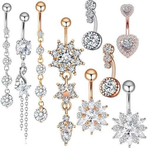 Fanpeijy 1PCS 14G Stainless Steel Dangle Belly Button Rings Navel Piercings Crystal Silver Rose Gold Body Jewelry Tragus Barbell