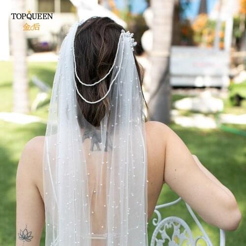 TOPQUEEN V03 Wedding Veil One Layer VEIL Pearls Bridal Veil with Comb Bachelorette Party Accessories Boho Veil Chapel Veil