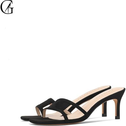 GOXEOU Womens Slippers Flock Black Green One Word With Square Toe 6 cm Heels Comfortable Fashion Casual Lady Sandals 32-46