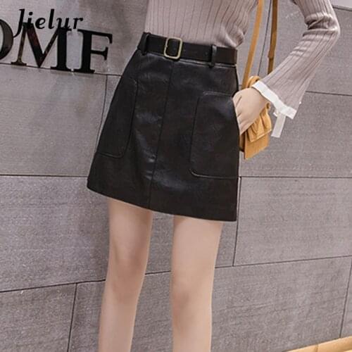 Jielur PU Autumn Skirts Womens Solid Color Pocket Slim Mini A-line Skirt Winter Belt High Waist Korean New Chic Leather Skirt