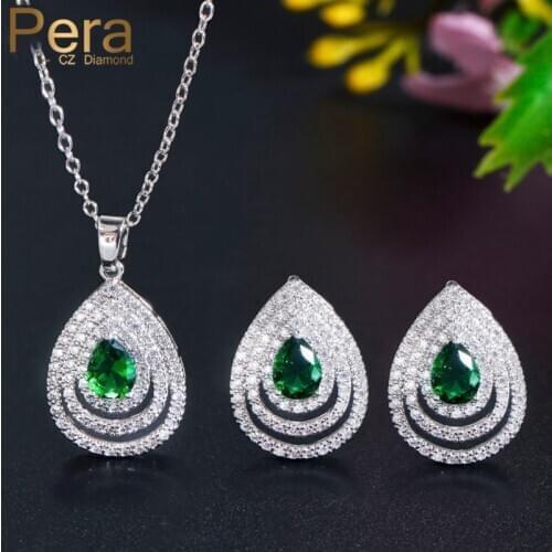 Pera Elegant Summer Prom Party Jewery Accessories Big Waterdrop Cubic Zirconia Green Pendant Necklace Earring Set for Women J268