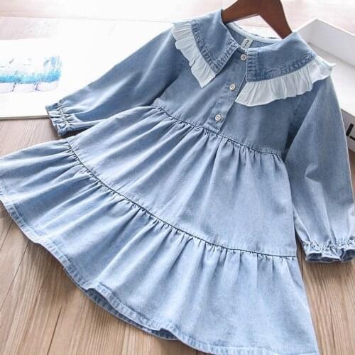 Girls lace denim dress kids long sleeve fall dresses wholesale