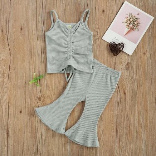 2pcs Toddler Baby Girls Clothes Camisole Tank Top+Flared Pants Drawstring Toddler Girls Summer Clothing Suit Casual Homewear