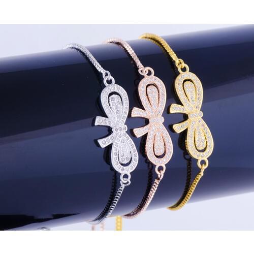 Copper Micro Pave Square Chain Bracelets Handmade Zircon Crystal Bowknot Charm Bracelets For Womens Accessories Bijoux Femme