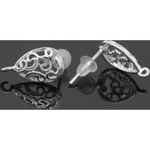 DoreenBeads Retail Copper Earring Post Teardrop Silver color Flower Pattern Hollow W/Stoppers & Loop 15x13mm,5 Pairs