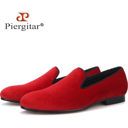 Piergitar red high grade velvet handcrafted men loafers British style men smoking slippers for party and wedding plus size