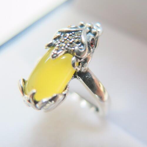 New Classic S925 Silver & Fine Yellow Jade Unique Coin Pixiu Womans Lucky Ring US 6.5-7.5