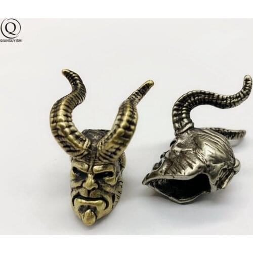 Horn Hellboy Keychain Pendant Brass Knife Beads Car Keyrings Pendant Vintage Copper Paracord Rope Bead Outdoor DIY Pocket Tools