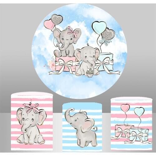 Gender Reveal Baby Cute Elephant Circle Background Round Backdrop Boy or Girl Baby Shower Party Cylinder Cover
