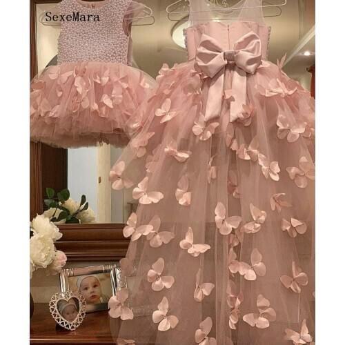 Customized High Low Pink Flower Girl Dress Pearls Top Girl Dress Birthday Party Christmas Dress Children Costume for Kids