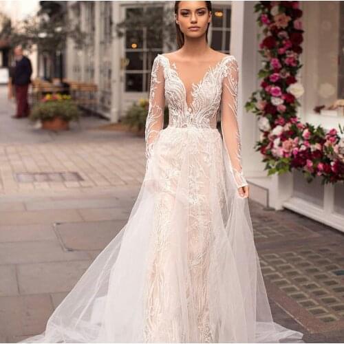 Wedding Dress A-Line V-Neck Full Sleeve Lace Appliques Sequined Beads Backless Floor Length Sweep Train Elegant Bride Gown 2021