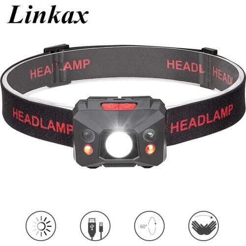 LED Body Motion Sensor LED Headlamp Rechargeable Headlamps USB 5-Modes White/Red Headlight for Fishing Walking Camping Reading