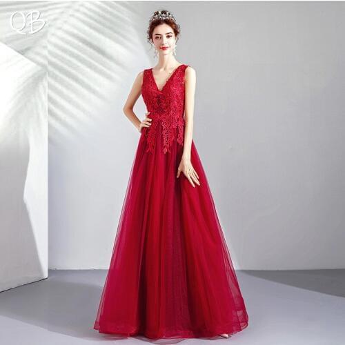 A-line V-neck Tulle Lace Beading Luxury Long Formal Wine Red Elegant Evening Dresses Bride Banquet Party Prom Dress XK380