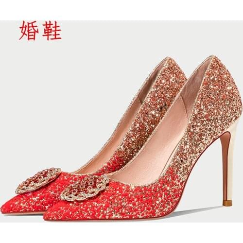 Spring pointed all-match red rhinestone stiletto bridesmaid wedding shoes banquet dress large size small size womens single shoe