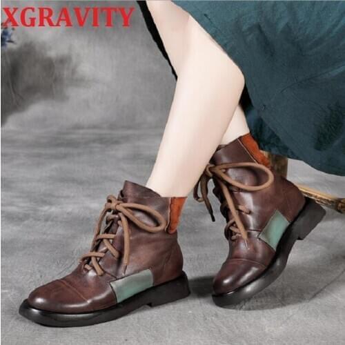 XGRAVITY S039 New Autumn Winter Flat Boots Mix Color Ladies Fashion Boots Lace UP Riding Boots Female Genuine Leather Boots Girl