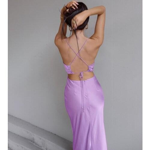 Women Spaghetti Strap Satin Long Dresses Sexy Lace Up Cross Bandage Backless Dress Elegant Bodycon Slim Party Dress 2021 Summer