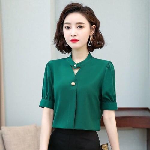 Womens Spring Summer Style Chiffon Blouses Shirt Womens Short Sleeve Solid Color Button Korean Tops SP255