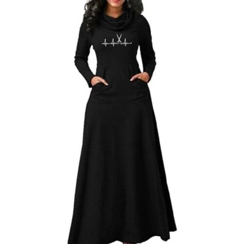 Heartbeat Hairdresser Print Long Sleeve Woman Dress Print Fit and Flare Vintage Ladies Office Work Elegant Dresses
