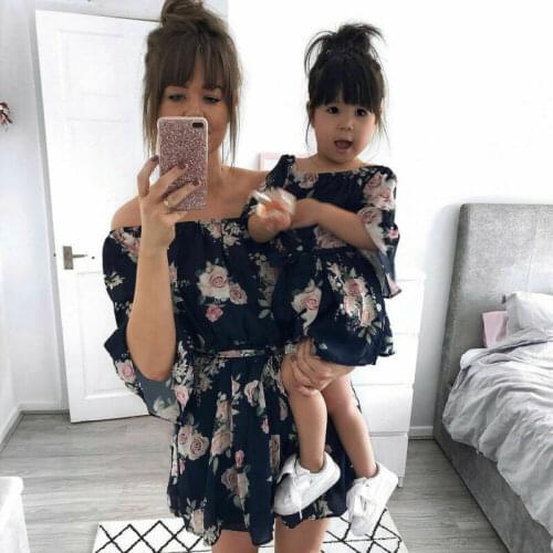 2020 Fashion Mother Daughter Dresses Floral Summer Off shoulder A-Line Belt Mom Girls Dresses Family Matching Outfits Sundress
