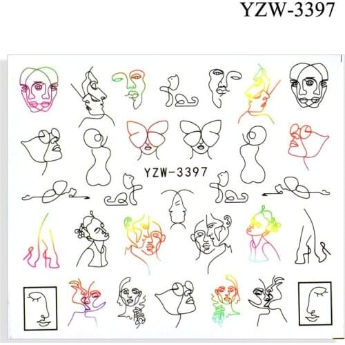 WUF Abstract Face Nail Art Sticker Liners Animal Flowers Tattoo Sliders Water Transfer Leaf Manicure Decoration Wraps