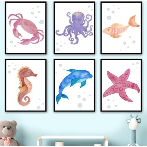 Dolphin Octopus Starfish Marine Life Wall Art Canvas Painting Cartoons Nordic Posters And Prints Wall Pictures Kids Room Decor