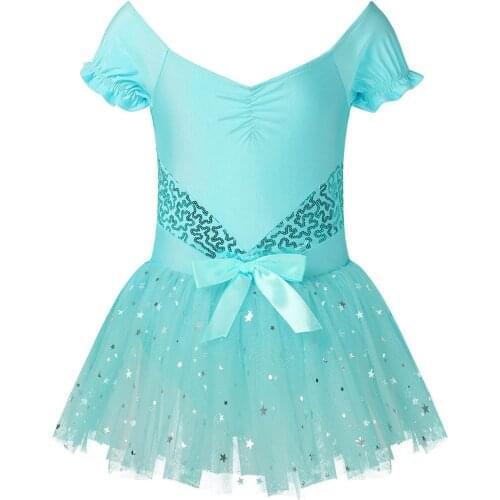 Kids Ballerina Princess Fairy Party Costumes Girls Ballet Tutu Dress Shiny Sequins Short Sleeves Dance Gymnastics Leotard Dress