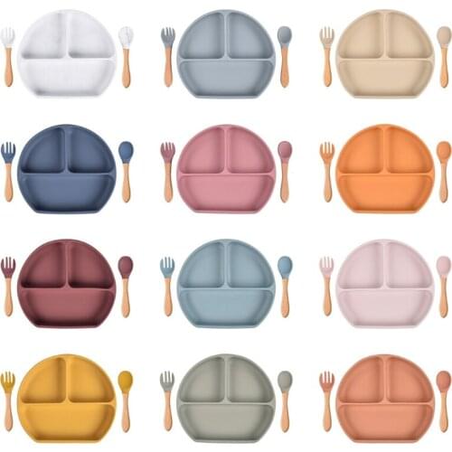 Baby Food Grade Silicone Feeding Plate with Matching Wood Handle Spoon Fork Set Toddlers Divided Non-Slip Bowl Tableware