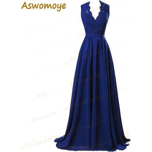 A Line Long Evening Dresses 2020 V-Neck Appliques Lace Royal Blue, Red, Black Chiffon Lace Up Back Party Prom Gowns Custom Made