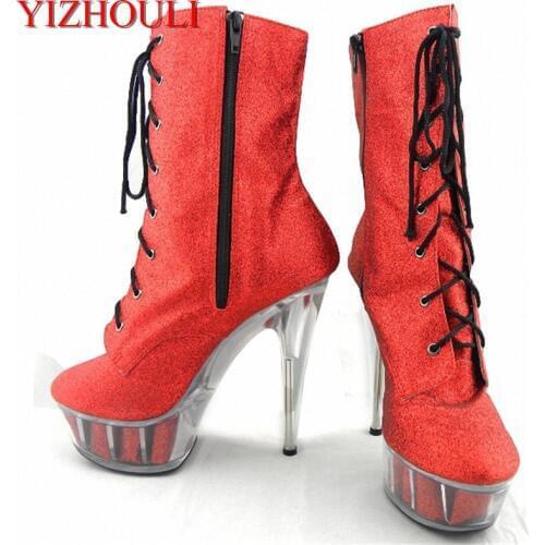 Classics 15cm Sexy High Heels Shoes Platform Round Toe Short Boots Sexy Ankle Boots 6 Inch Crystal Shoes