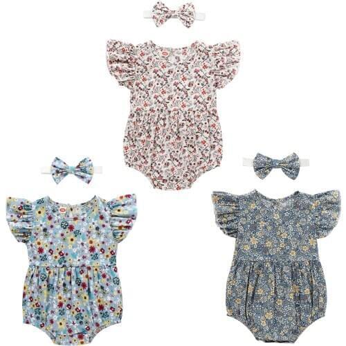 0-24M Newborn Baby Girls Princess Romper Ruffles Flowers Sleeve Button Jumpsuits
