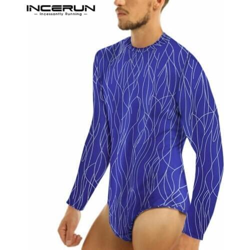 Men Long Sleeve Round Neck Jumpsuit Blouse INCERUN Man Printed Bodysuit T-Shirts Male Fashion Fitness Romper Tee Tops Plus Size