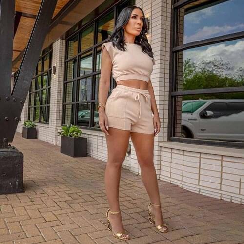 Solid Fitness Two Piece Matching Set Women Sexy Sleeveless Slim Fit Crop Top+high Wait Drawstring Shorts Activewear Tracksuits