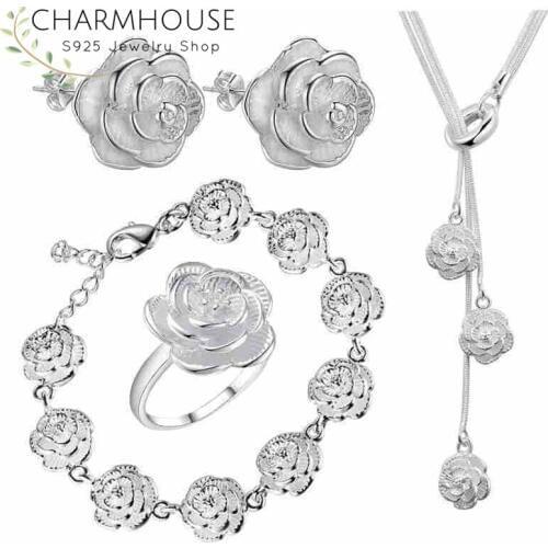 Charmhouse Pure Silver Jewellery Sets For Women Rose Flower Bracelet Earrings Ring Necklace 4pcs Wedding Jewelry Accessories